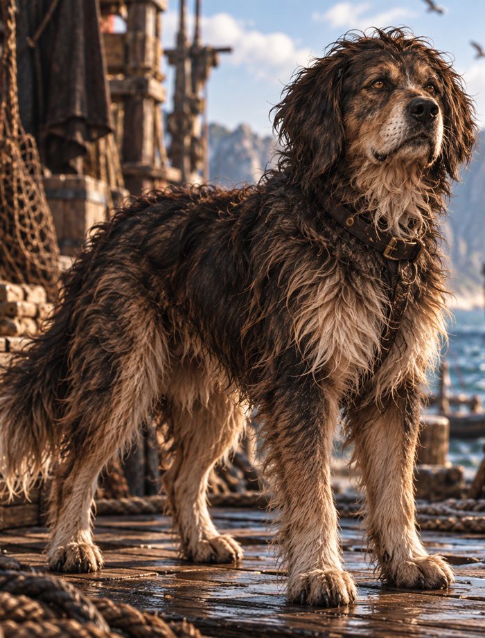 Zottel, ein großer zotteliger Hund mit Halsband, an Deck eines Schiffes