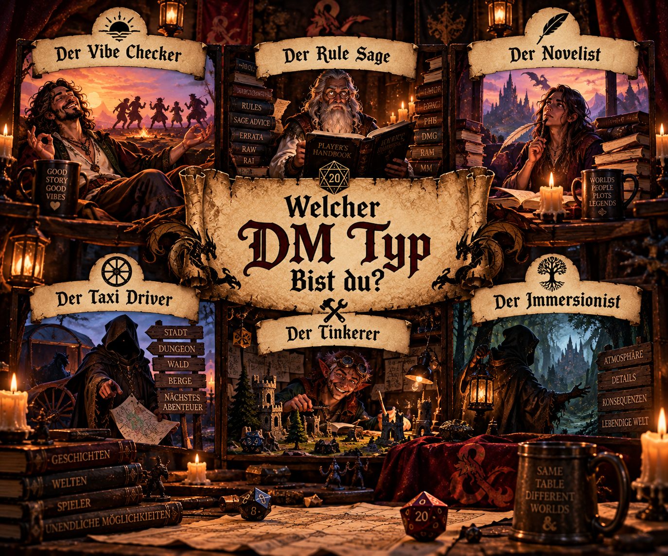 Sechs DM-Typen rund um den Titel „Welcher DM Typ bist du?“: Vibe Checker, Rule Sage, Novelist, Taxi Driver, Tinkerer und Immersionist.