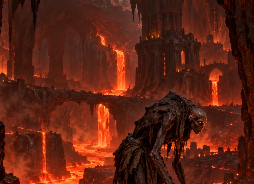 Lavafälle, Brücken und ein Turm in den Tiefentiefen