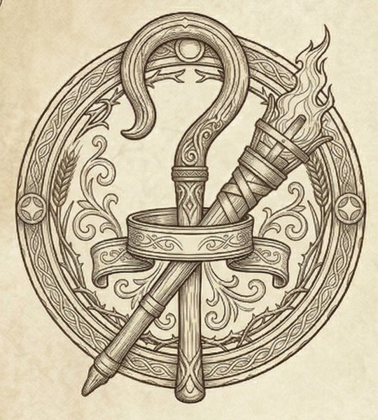Emblem der Idrenel: Hirtenstab und brennende Fackel in einem Ring