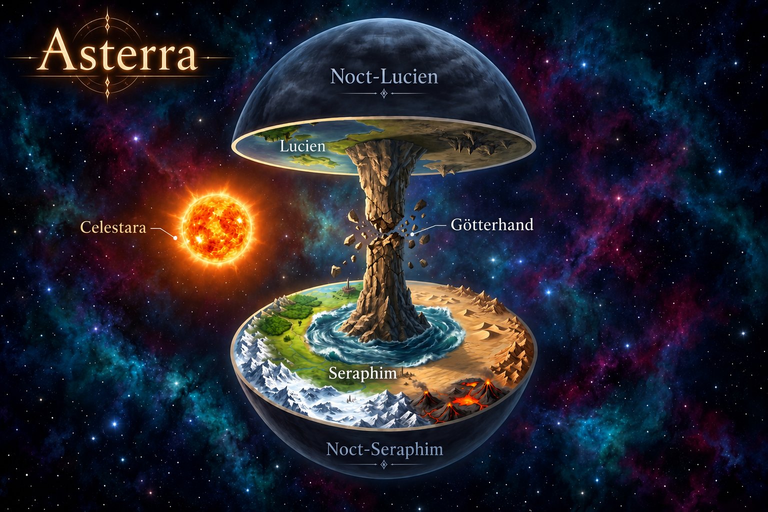 Querschnitt durch Asterra: oben die Halbkugel Lucien mit Noct-Lucien, unten Seraphim mit Noct-Seraphim, verbunden durch die rissige Säule der Götterhand, links die Sonne Celestara.