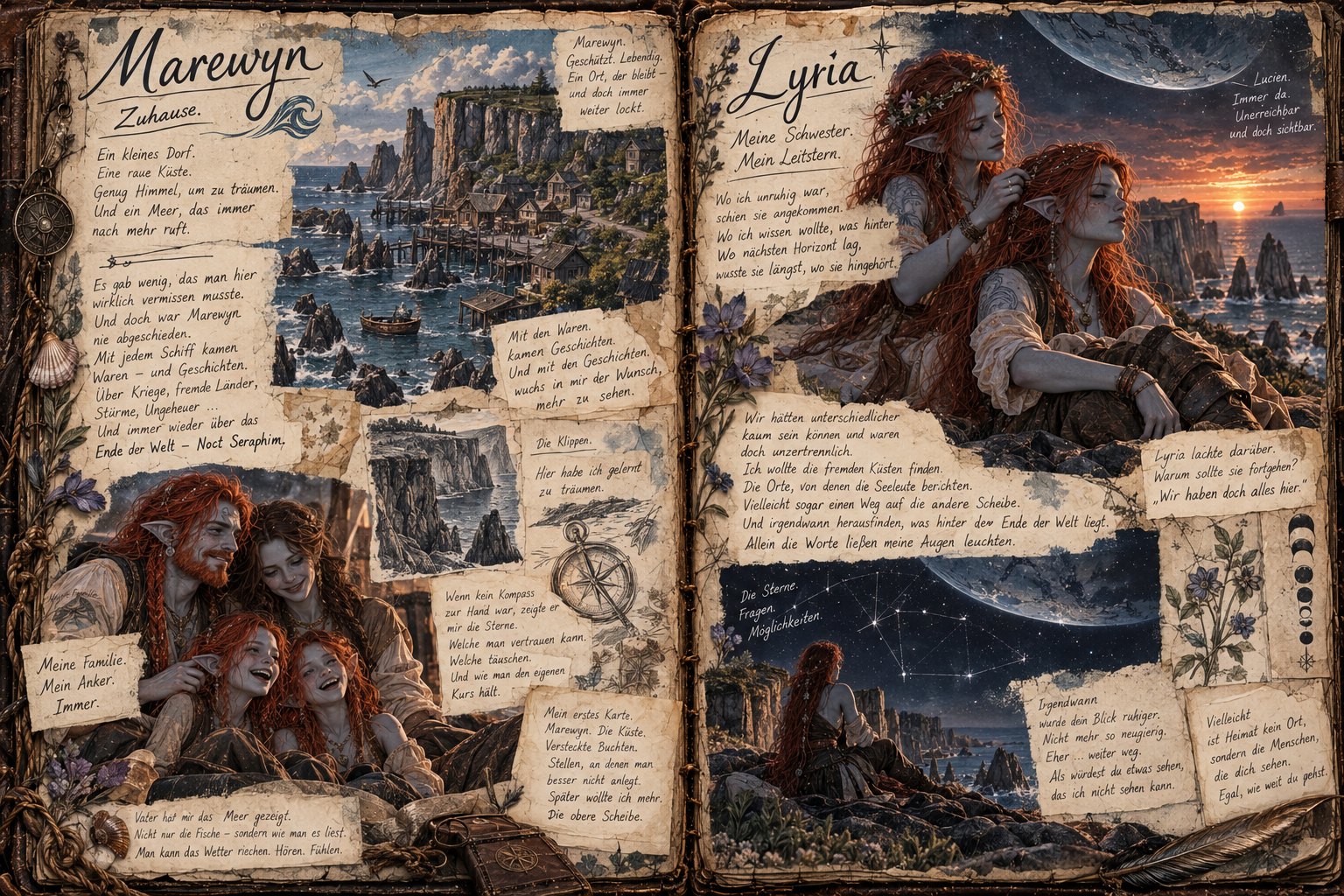 Logbuch-Doppelseite: Marewyn und Lyria