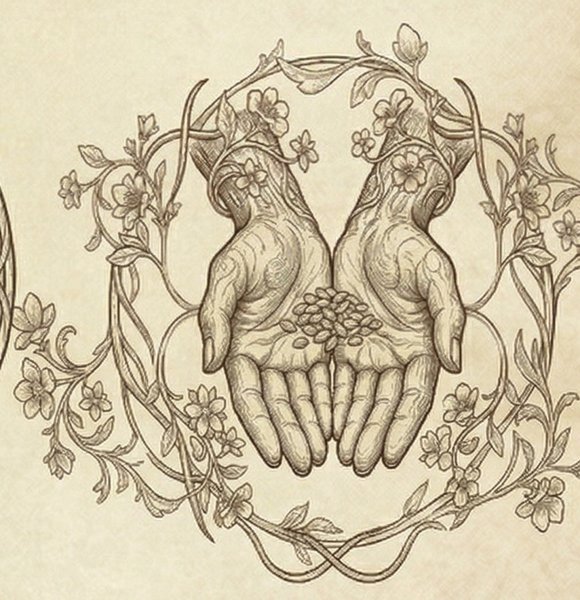 Emblem der Restekia: Zwei offene Hände mit Samen, von blühenden Ranken umschlungen
