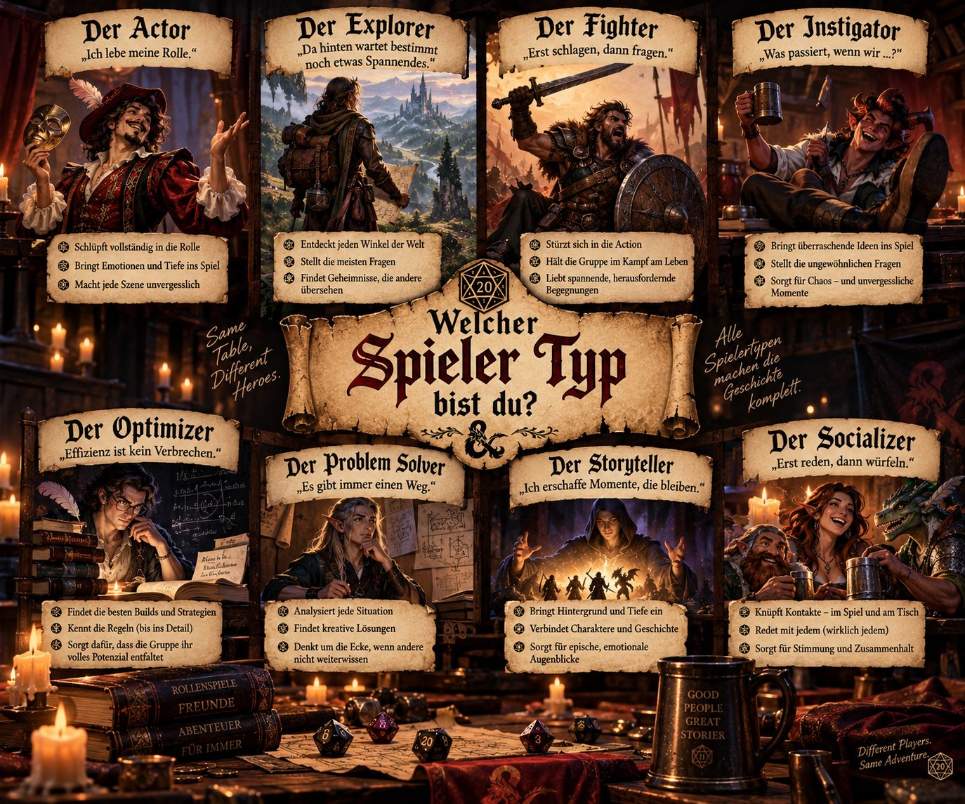 Acht Spielertypen rund um den Titel „Welcher Spieler Typ bist du?“: Actor, Explorer, Fighter, Instigator, Optimizer, Problem Solver, Storyteller und Socializer.