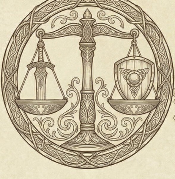 Emblem der Syllona: Waage mit Schwert und Schild