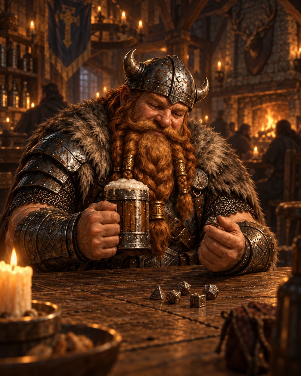 Edwin allein mit Bierkrug und Würfeln in der Kneipe