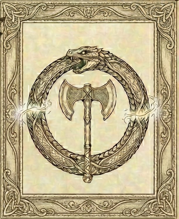 Emblem des Terminos: Eine Schlange, die sich in den Schwanz beißt, umschließt eine Doppelaxt.