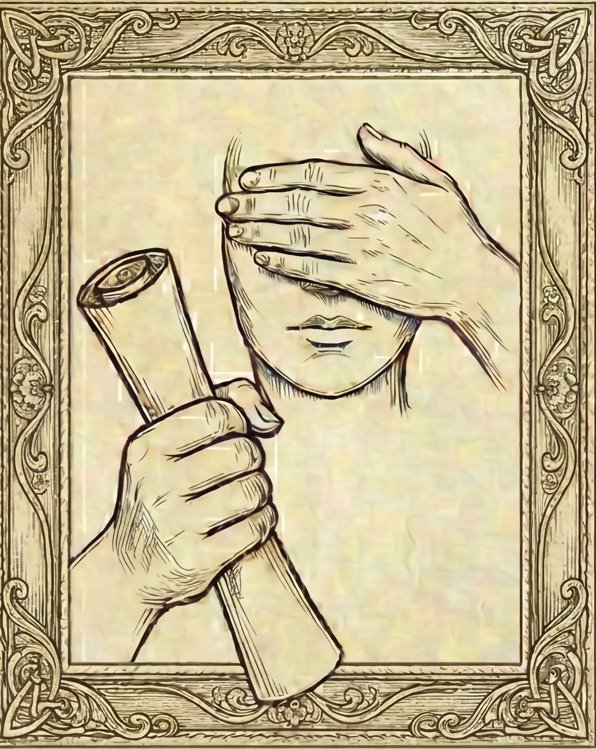 Emblem des Umbrion: Eine Hand verdeckt die Augen, die andere hält eine Schriftrolle umklammert.