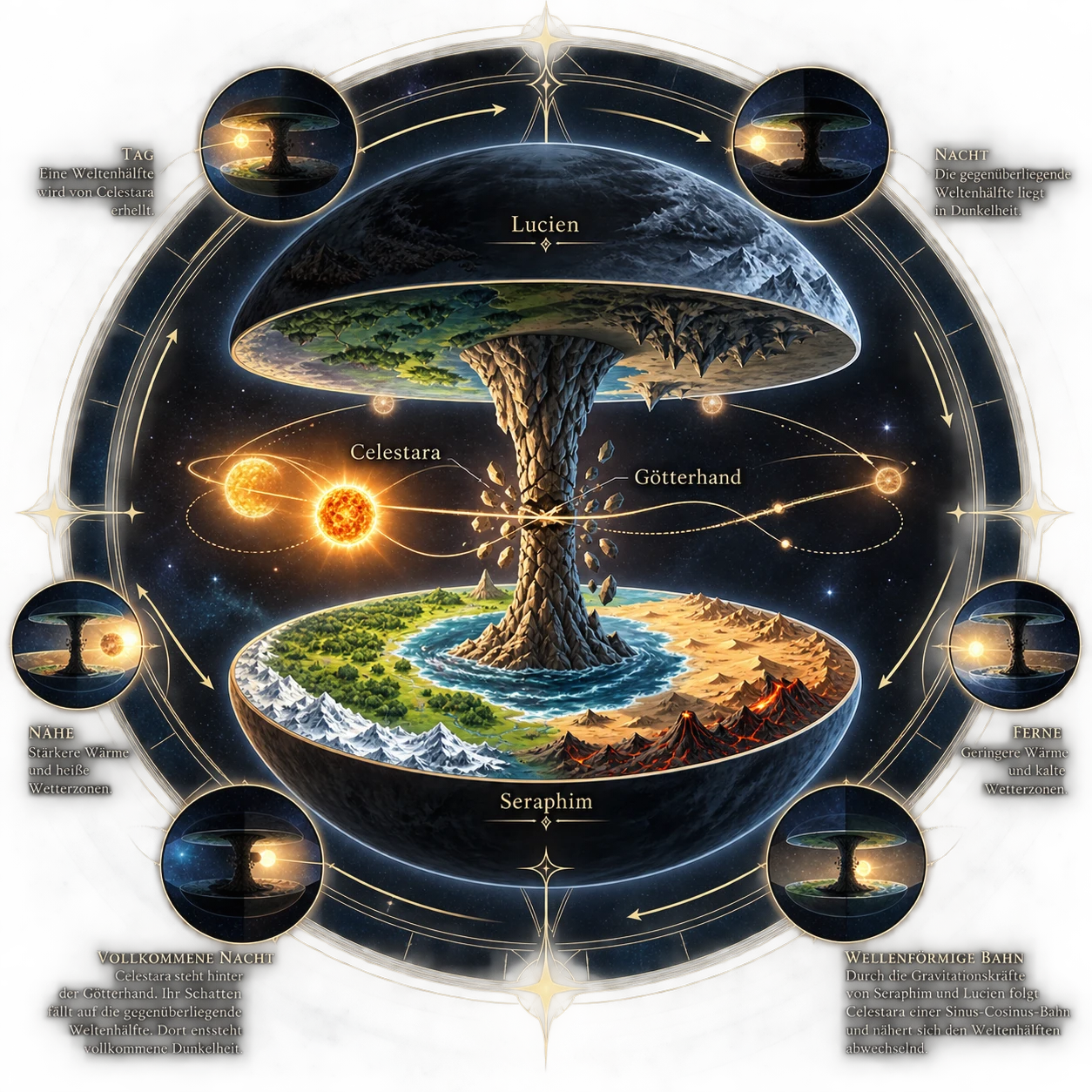 Celestara kreist auf wellenförmiger Bahn um die Götterhand zwischen Seraphim und Lucien, mit Darstellungen von Tag, Nacht, Nähe, Ferne und Vollkommener Nacht